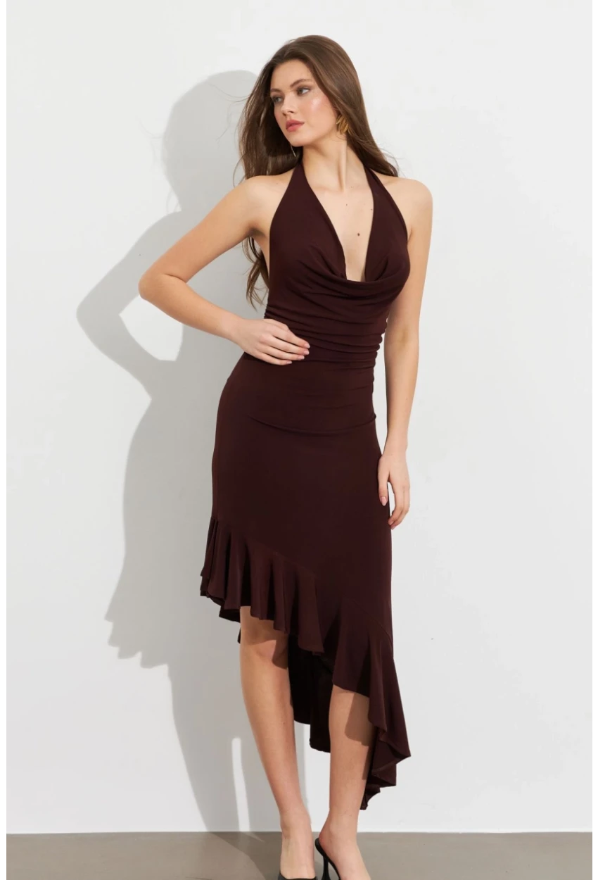 Kadın Kahverengi Degaje Asimetrik Midi Elbise İRE1436