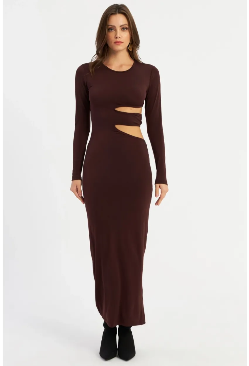 Kadın Kahverengi Dekolteli Maxi Yılbaşı Elbise LİK9