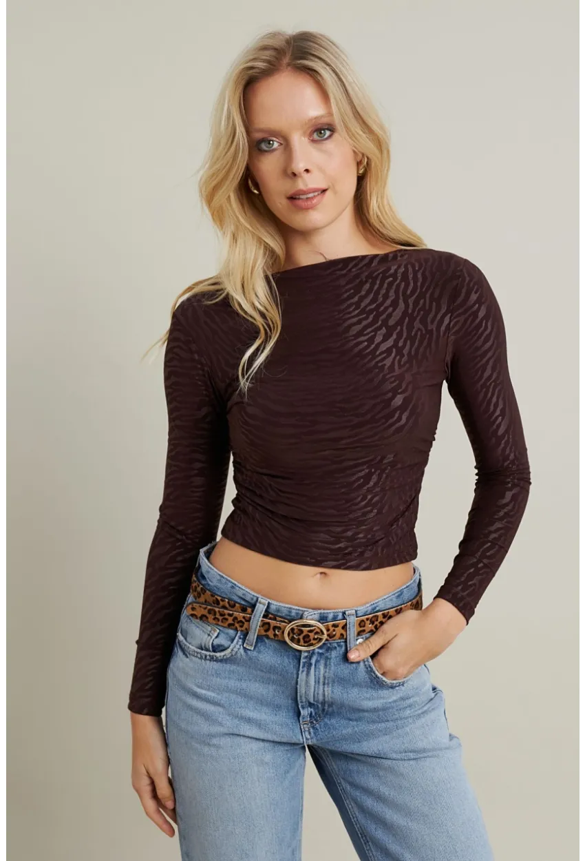 Kadın Kahverengi Desenli Büzgülü Bluz LPP1298