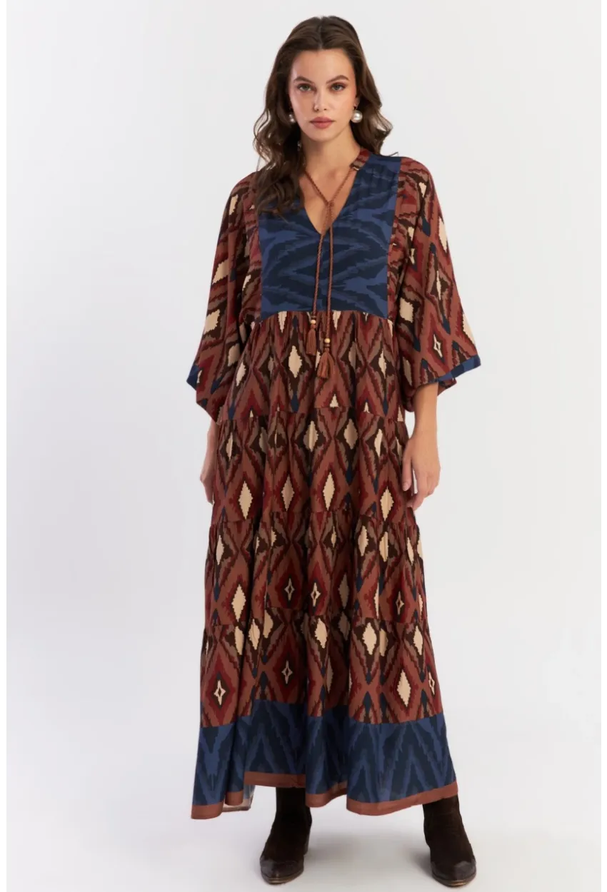 Kadın Kahverengi Desenli Dokuma Maxi Elbise ALO235