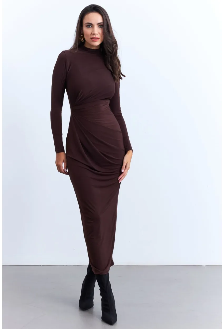 Kadın Kahverengi Drapeli Maxi Elbise LİK12