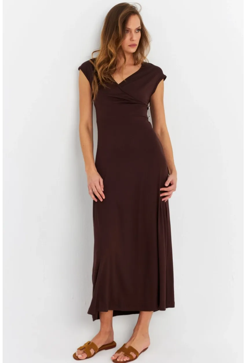 Kadın Kahverengi Düğme Detaylı Kruvaze Midi Elbise MEY0011