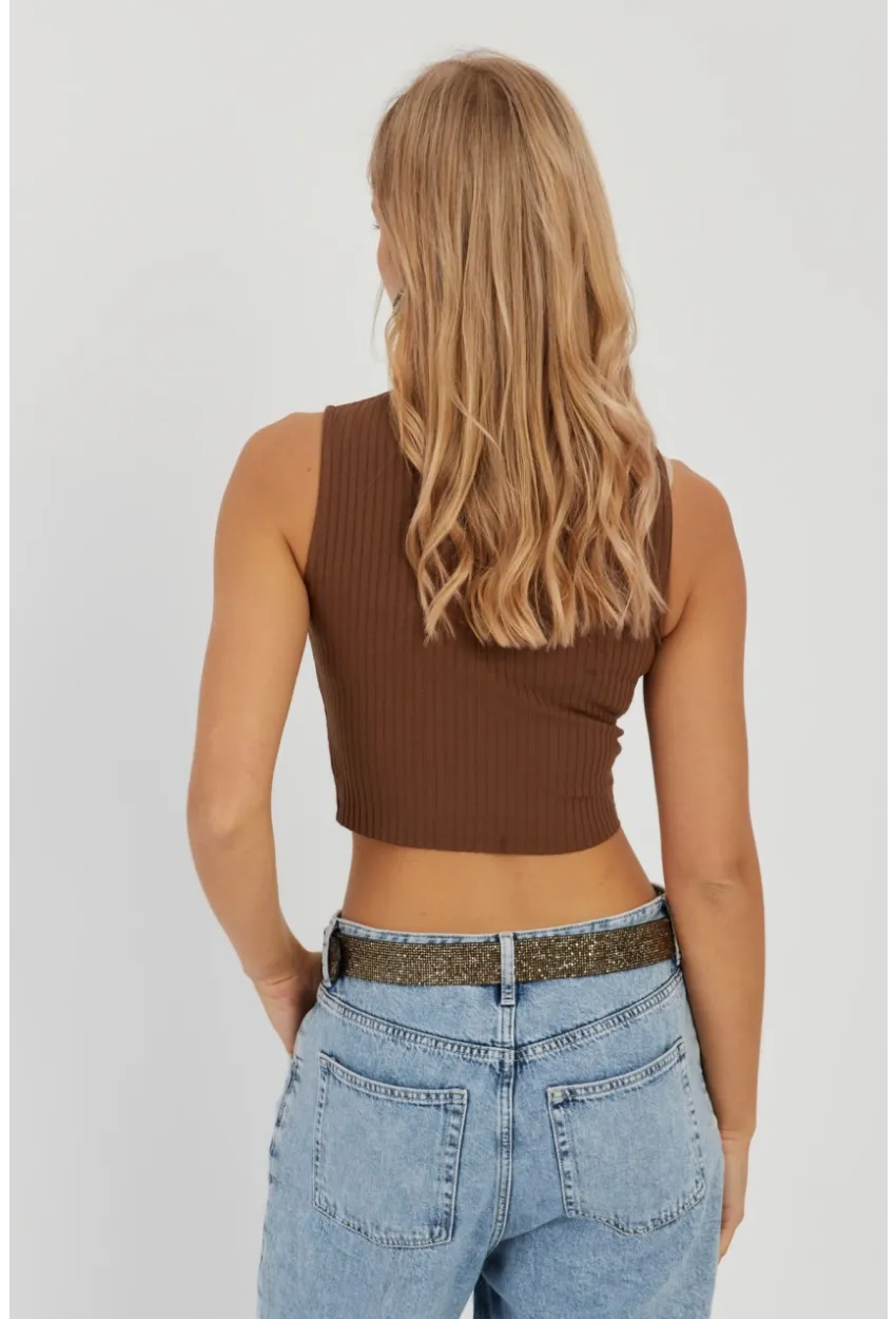Kadın Kahverengi Fitilli Crop Bluz LPP1262