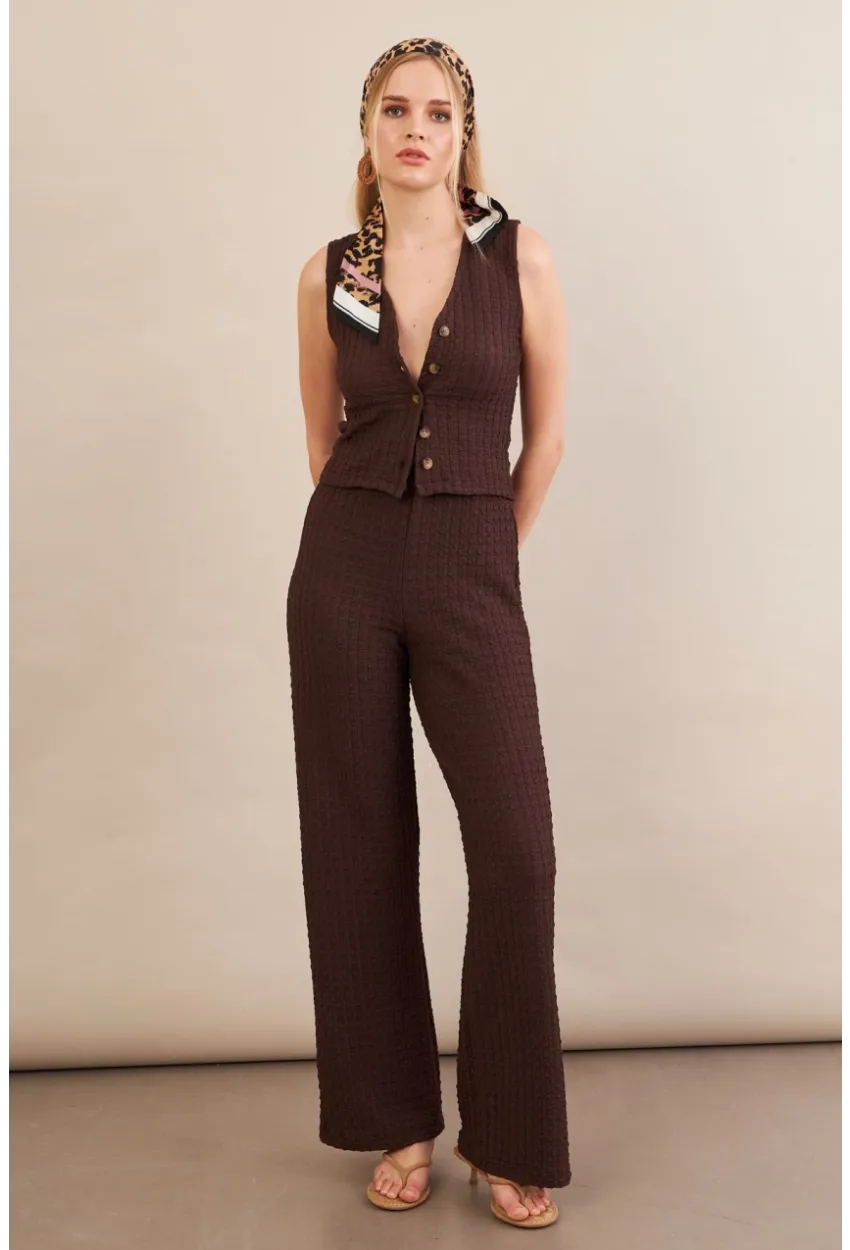 Kadın Kahverengi Gofre Yelek Pantalon Takım FLU330