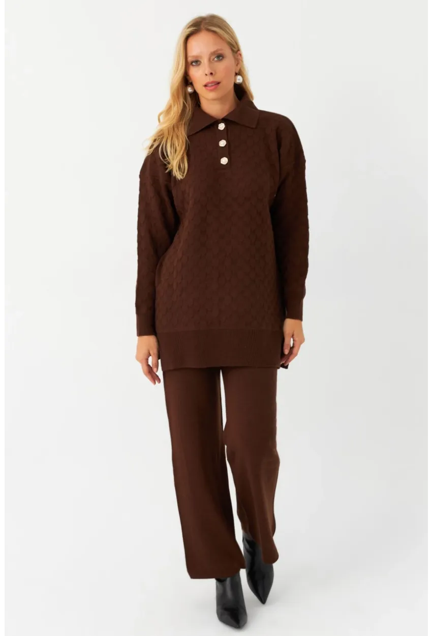 Kadın Kahverengi İnci Düğmeli Triko Alt Üst Takım MNUV33