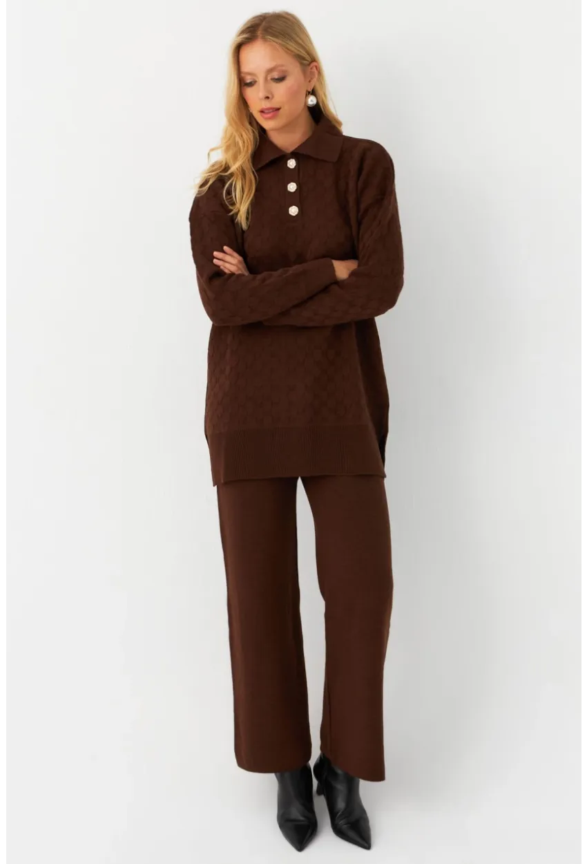 Kadın Kahverengi İnci Düğmeli Triko Alt Üst Takım MNUV33