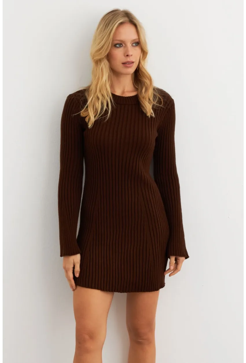 Kadın Kahverengi İspanyol Kol Triko Mini Elbise YV273