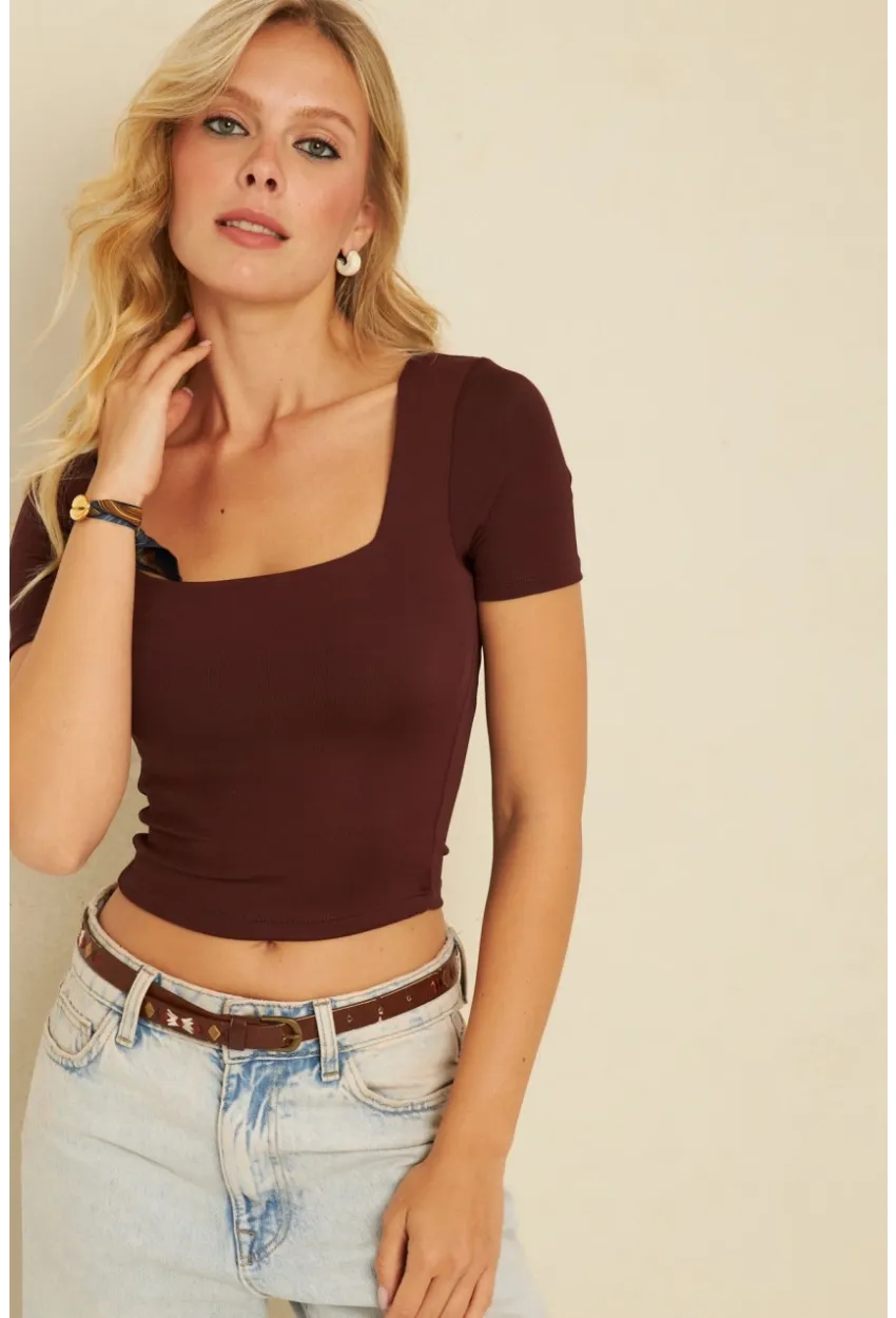 Kadın Kahverengi Kare Yaka Bluz AYD338