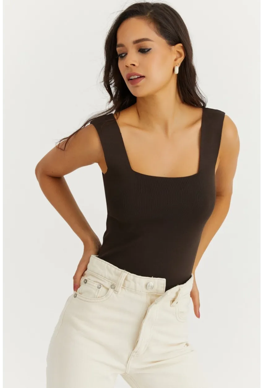 Kadın Kahverengi Kare Yaka Triko Bluz YV80