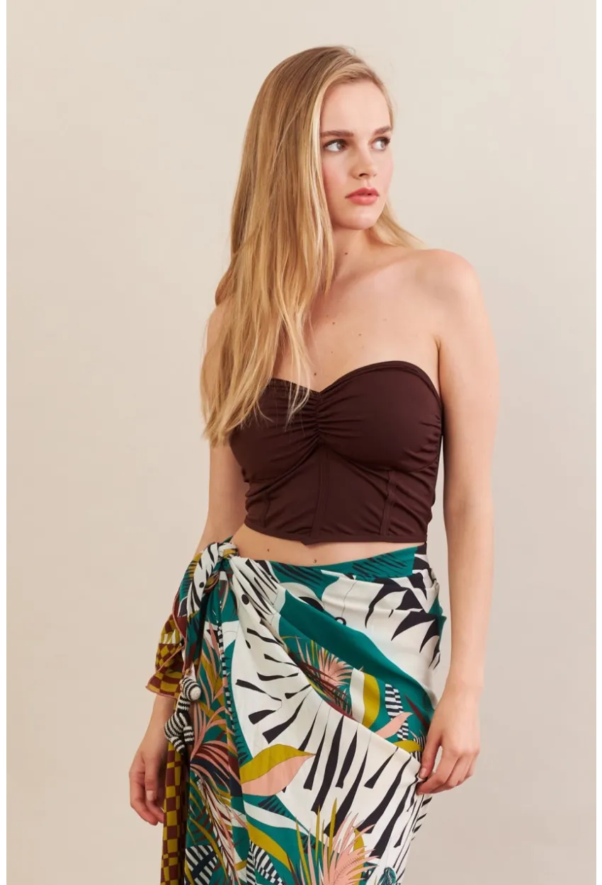 Kadın Kahverengi Korse Dikişli Crop Bluz AN6025