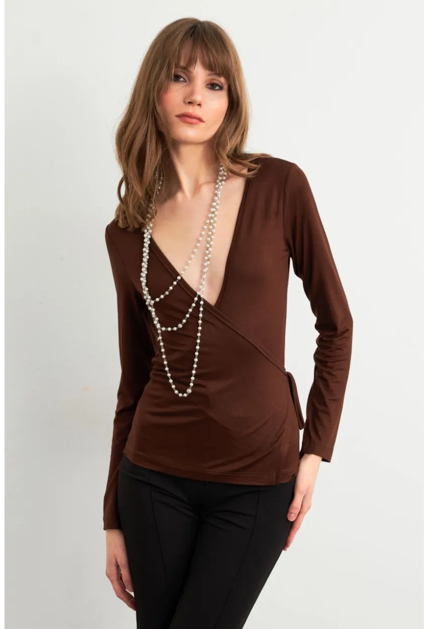 Kadın Kahverengi Kruvaze Bağlamalı Bluz EY3036
