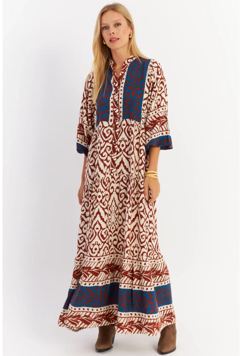 Kadın Kahverengi-Lacivert Volanlı Maxi Elbise ALO11