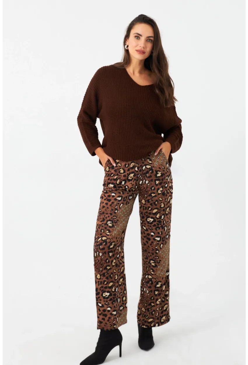 Kadın Kahverengi Leopar Desenli Saten Pantolon CAR1069