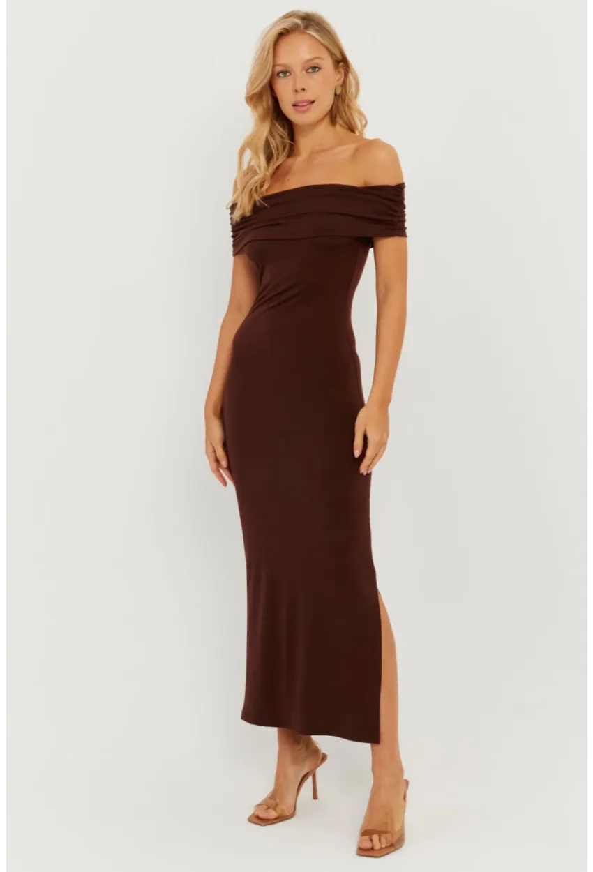 Kadın Kahverengi Madonna Yaka Midi Elbise DMR298