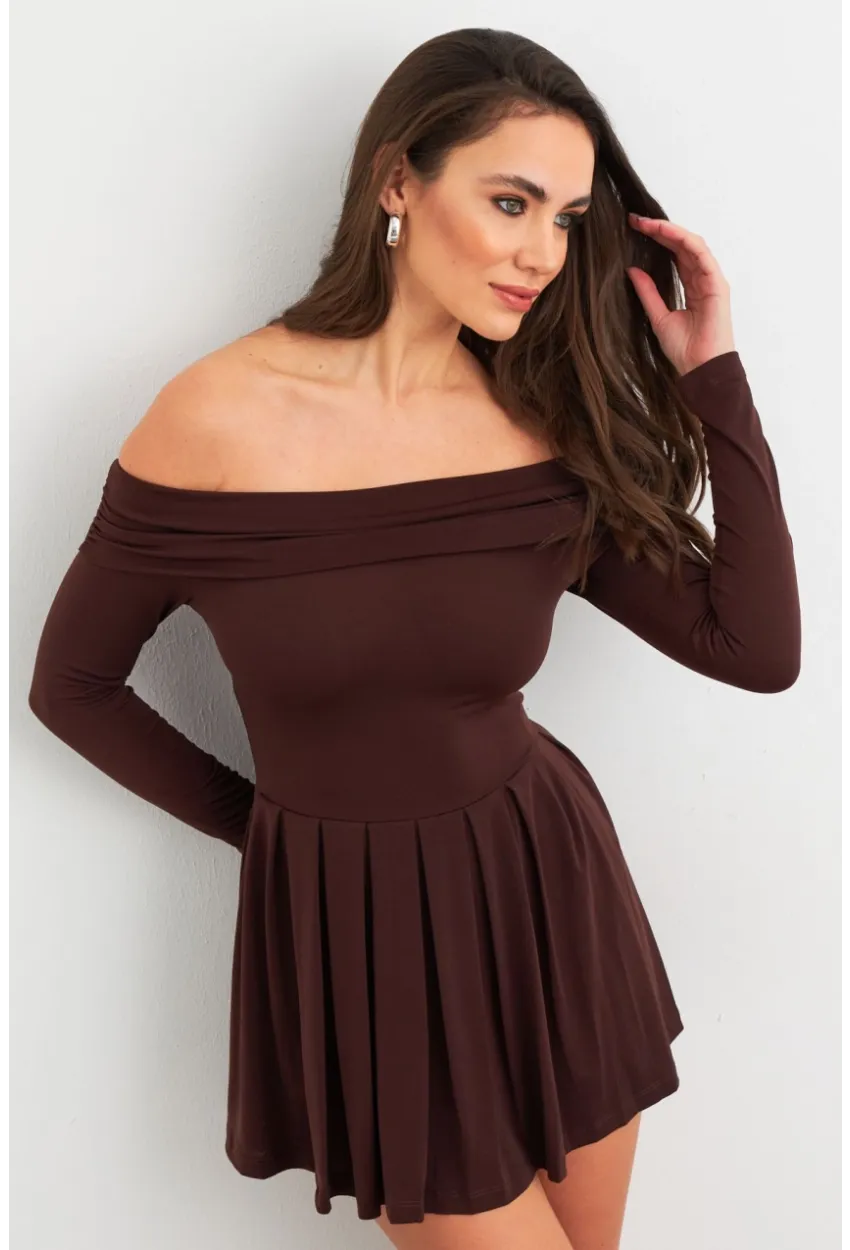 Kadın Kahverengi Madonna Yaka Midi Elbise MON1262