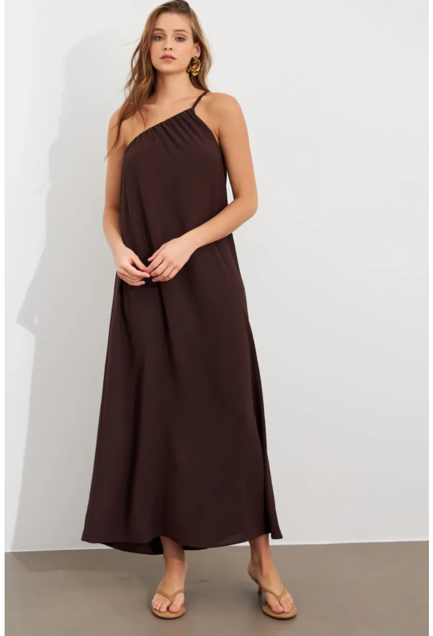 Kadın Kahverengi Tek Omuz Maxi Elbise İRE1012