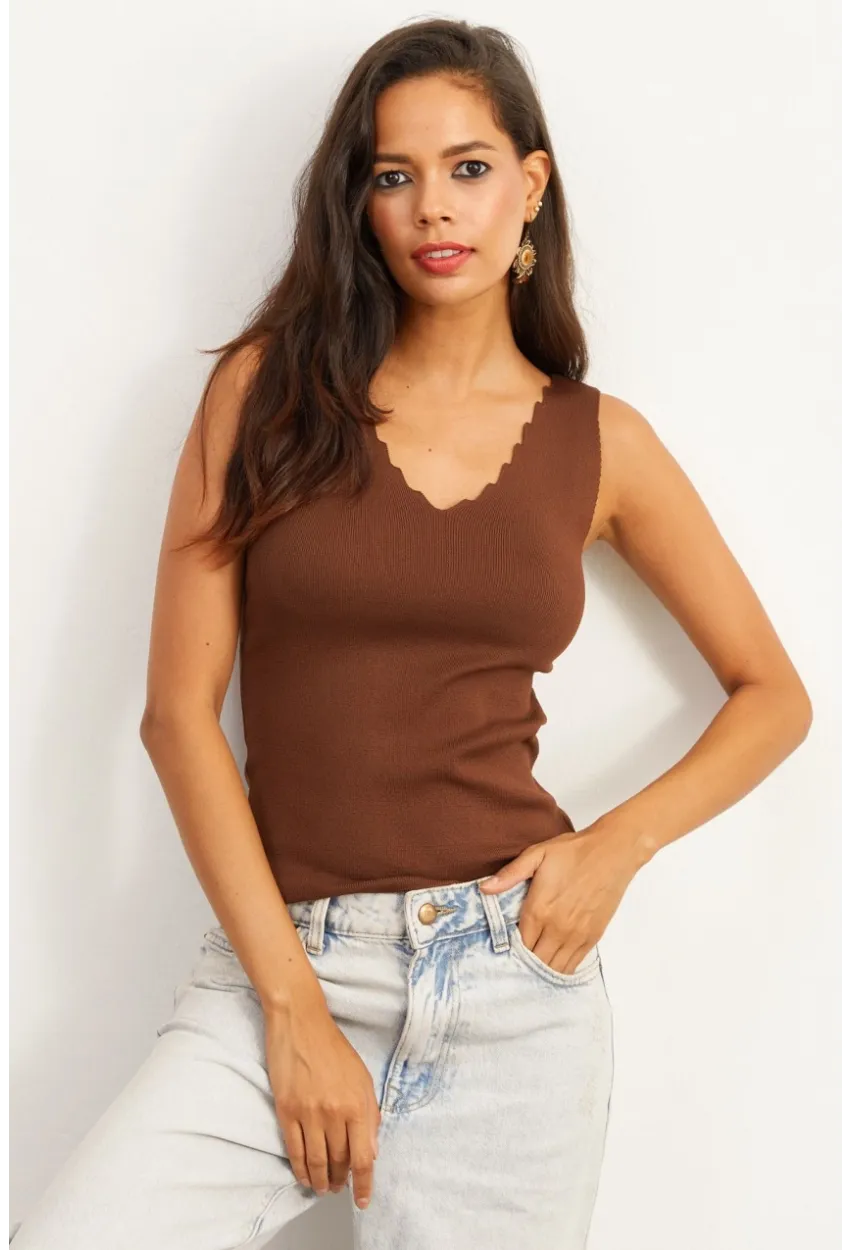 Kadın Kahverengi Merdiven Yaka Triko Bluz YV83