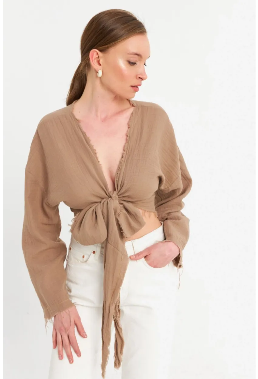 Kadın Kahverengi Müslin Crop Bluz PC20700