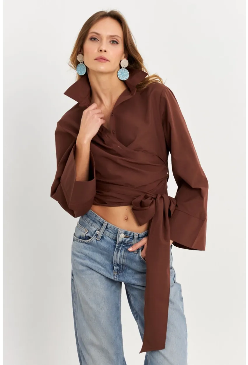 Kadın Kahverengi Önü Bağlamalı İspanyol Kol Gömlek MON142