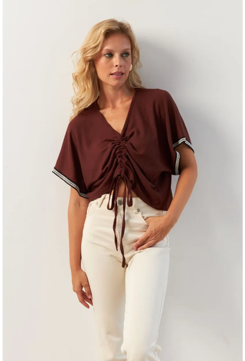 Kadın Kahverengi Önü Büzgülü Bluz XL2039