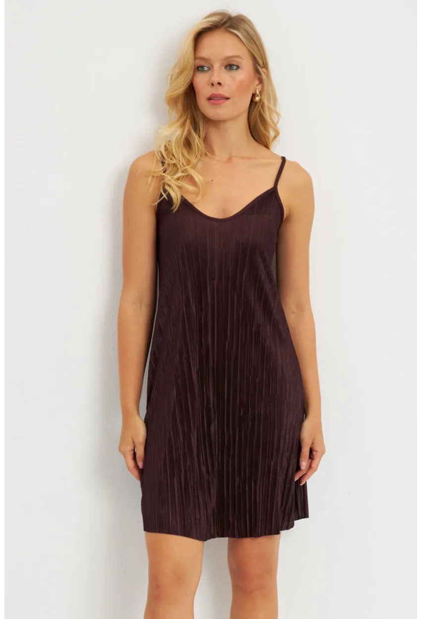 Kadın Kahverengi Piliseli Mini Elbise  DMR338