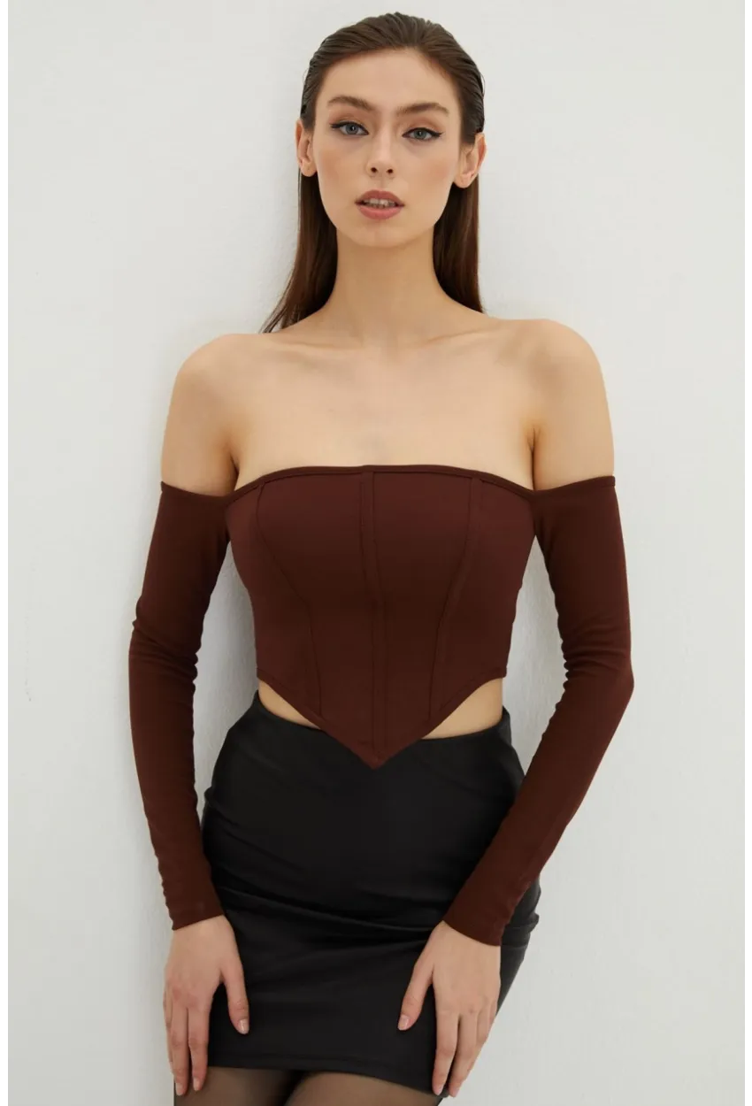 Kadın Kahverengi Sırt Fermuarlı Crop Bluz B518