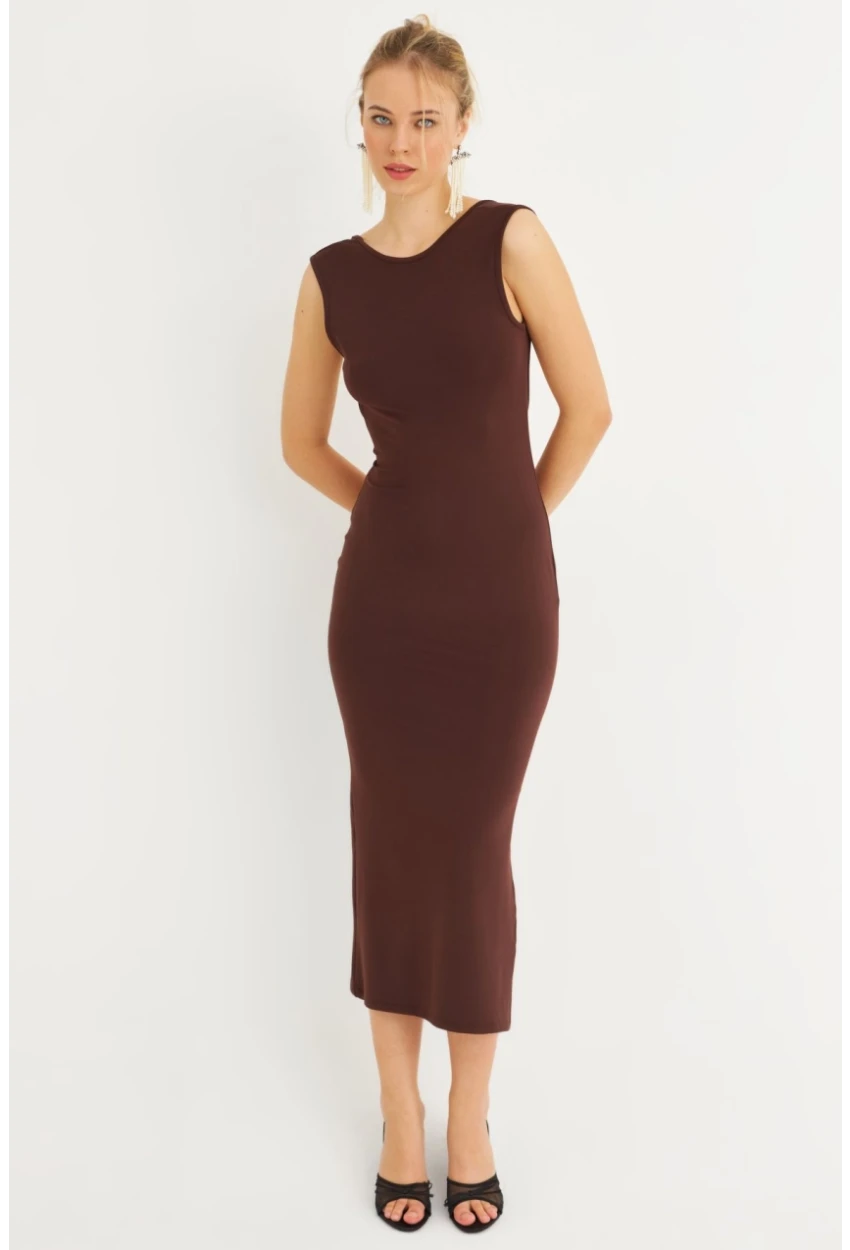 Kadın Kahverengi Sırtı Açık Midi Elbise YEL221672