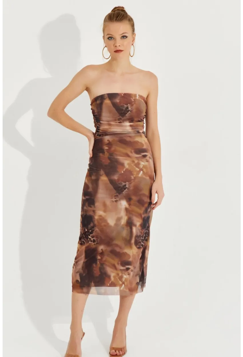 Kadın Kahverengi Straplez Midi Tül Elbise YEL221309