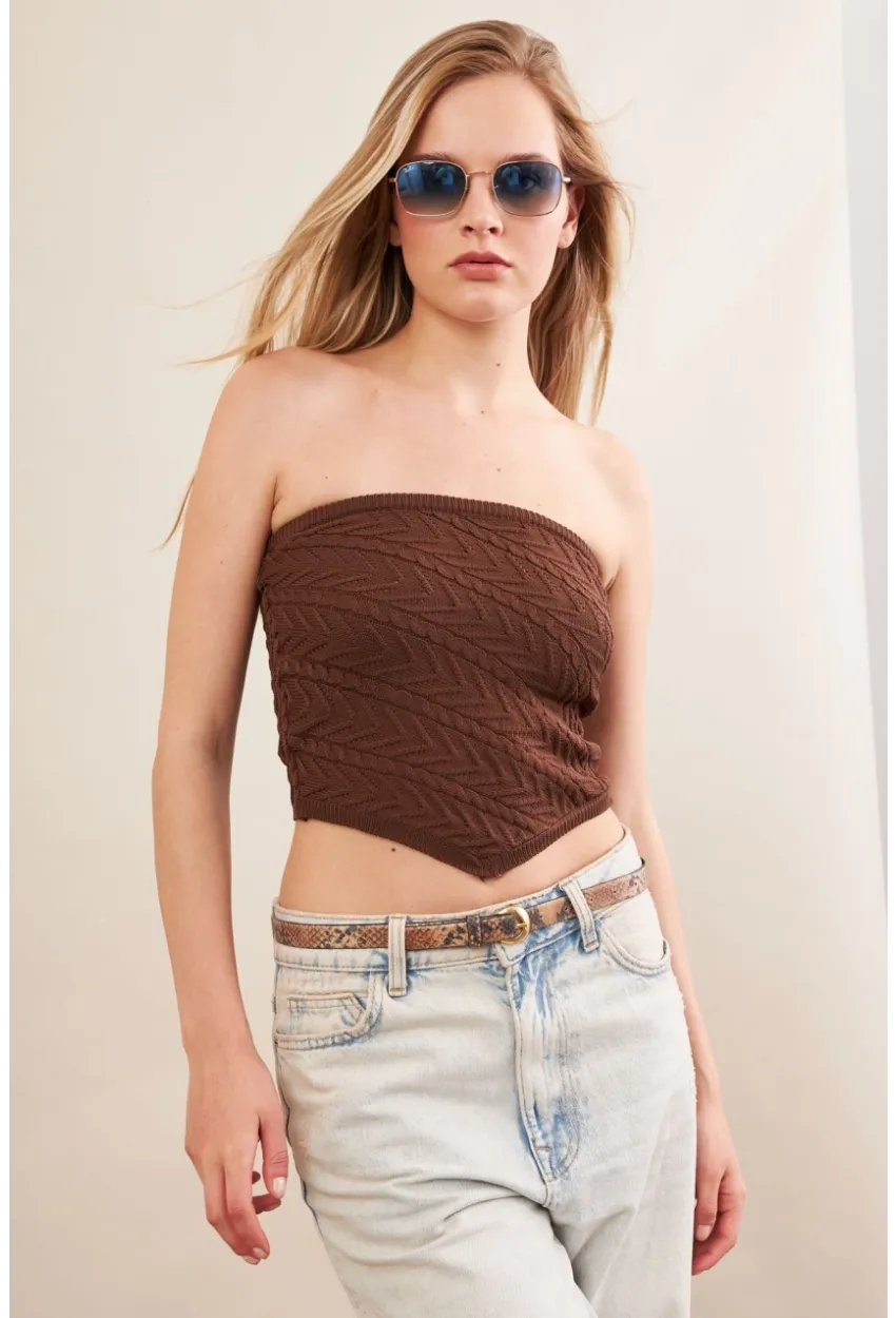 Kadın Kahverengi Straplez Triko Crop Bluz ZH049