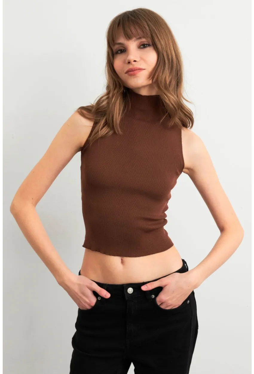 Kadın Kahverengi Triko Kolsuz Bluz YV305