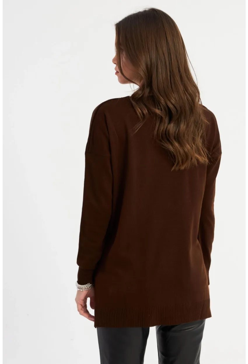 Kadın Kahverengi V Yaka Triko Bluz YİL557