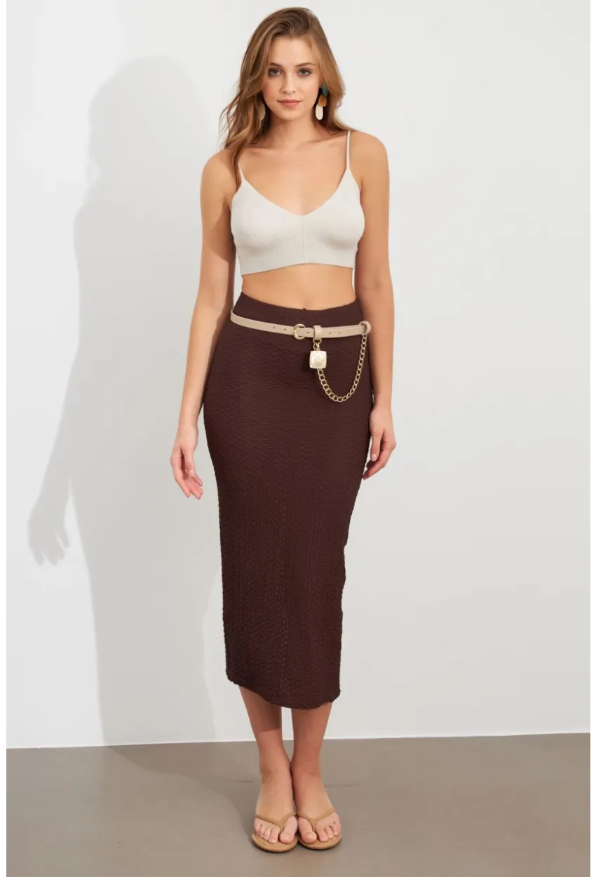 Kadın Kahverengi Yırtmaçlı Bürümcük Midi Etek ZH329