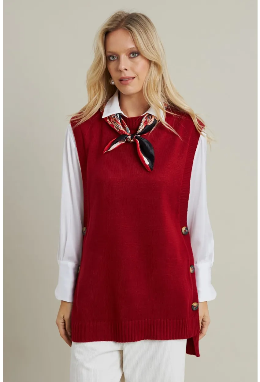 Kadın Kiremit Yanları Düğmeli Kolsuz Triko Tunik MYV75