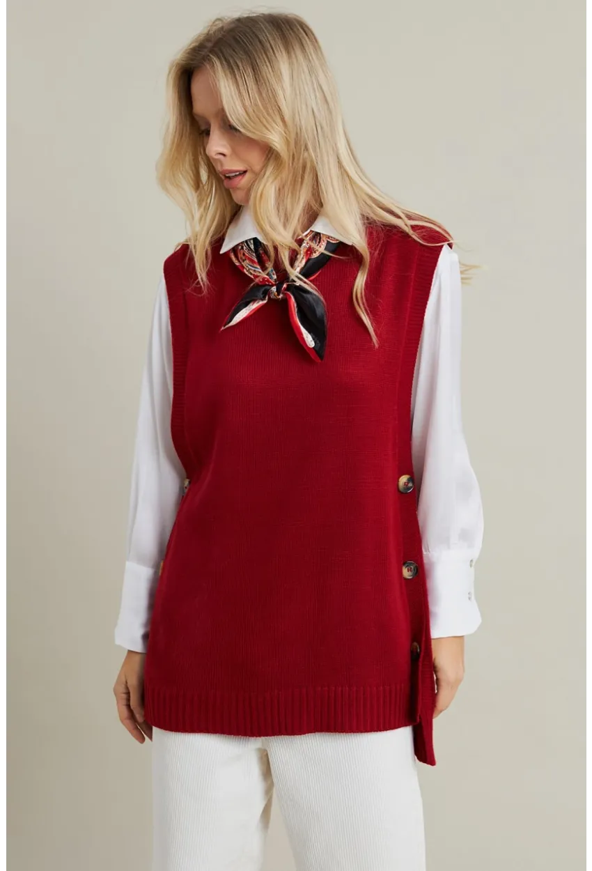 Kadın Kiremit Yanları Düğmeli Kolsuz Triko Tunik MYV75