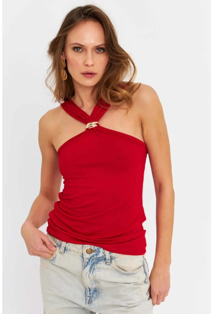 Kadın Kırmızı Aksesuarlı Çapraz Yaka Bluz EY3068