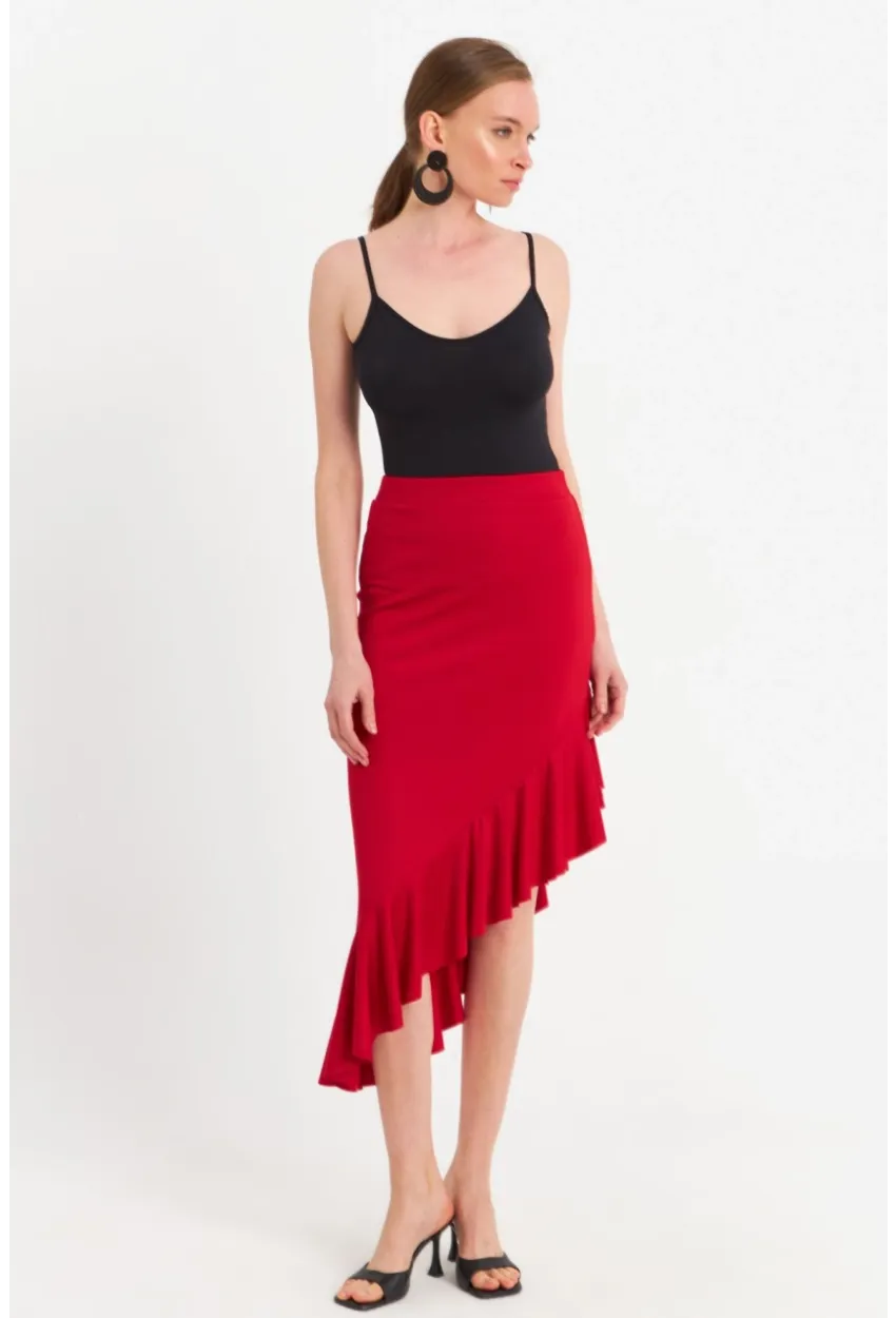 Kadın Kırmızı Asimetrik Pileli Etek EV741