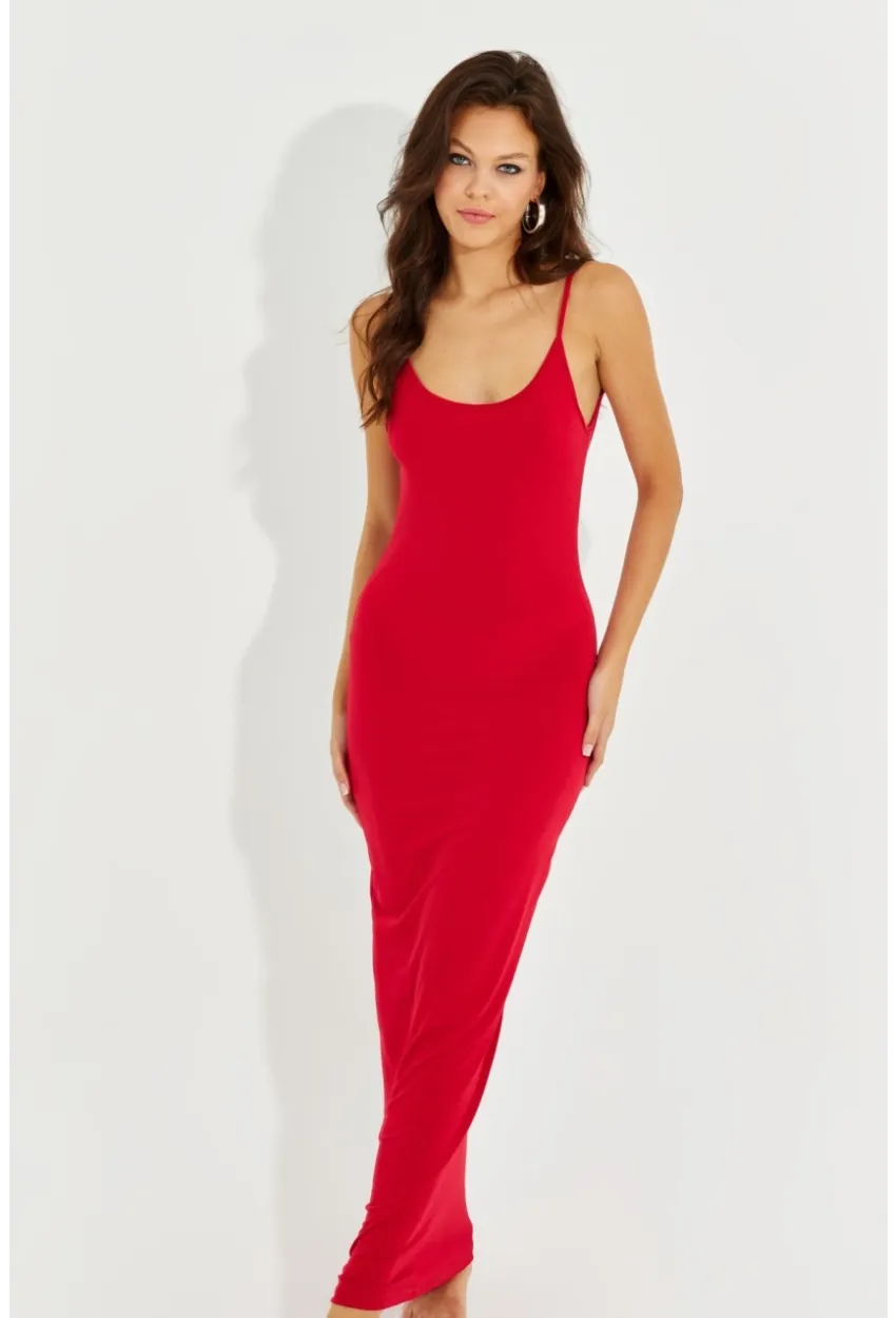Kadın Kırmızı Ayarlanabilir Askılı Maxi Elbise MEN2004