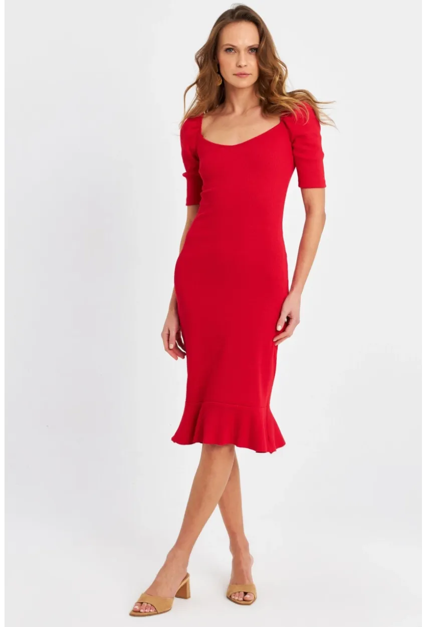 Kadın Kırmızı Balon Kol Eteği Volanlı Mevsimlik Midi Elbise Yİ2244