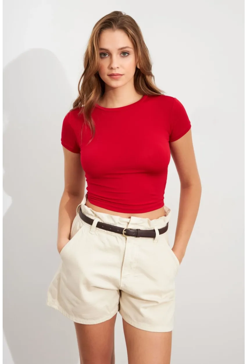 Kadın Kırmızı Basic Kısa Kollu Bluz UG2444