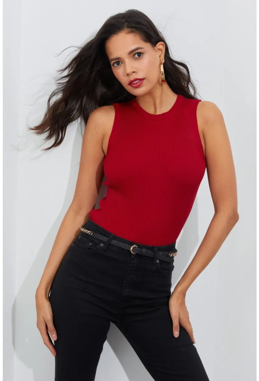 Kadın Kırmızı Bisiklet Yaka Triko Bluz YV91