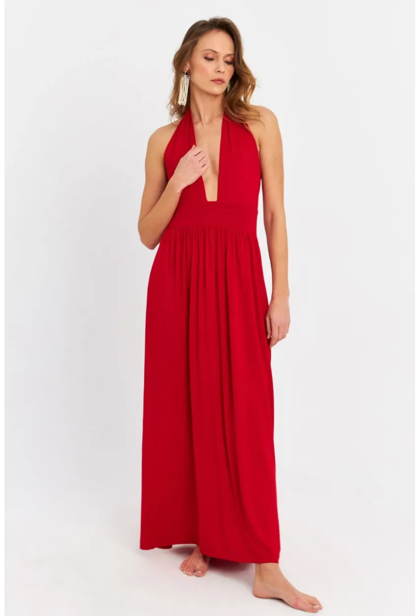 Kadın Kırmızı Boyun Bağlamalı Maxi Elbise EY3075