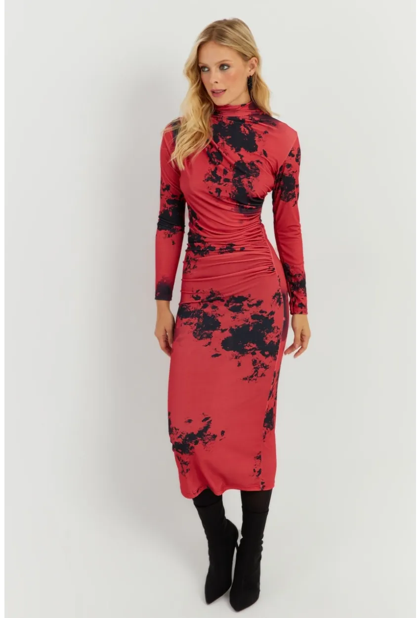 Kadın Kırmızı Büzgülü Desenli Midi Elbise MON118