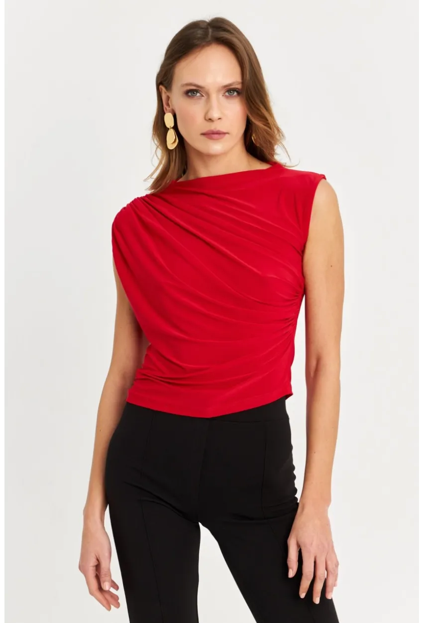 Kadın Kırmızı Büzgülü Kolsuz Bluz LPP1205-90