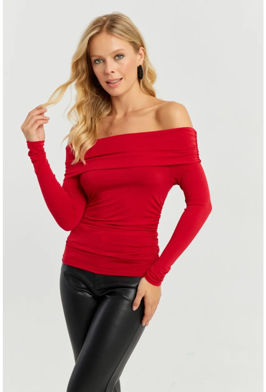 Kadın Kırmızı Büzgülü Madonna Bluz MON1119