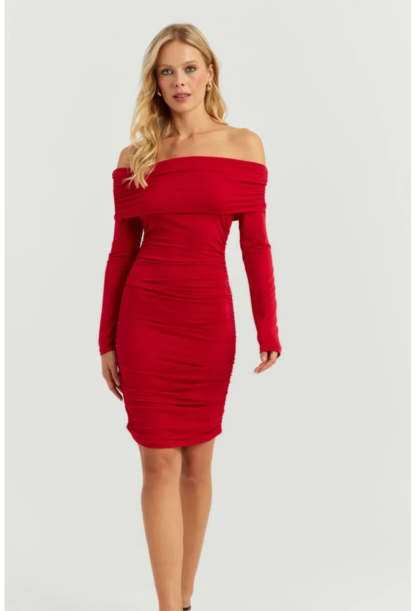 Kadın Kırmızı Büzgülü Madonna Mini Elbise MON1118