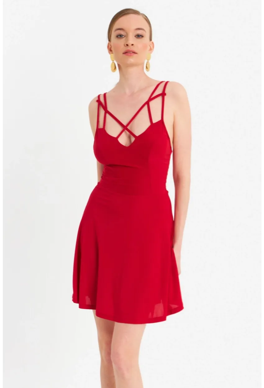 Kadın Kırmızı Çapraz Askılı Mini Elbise ELT182
