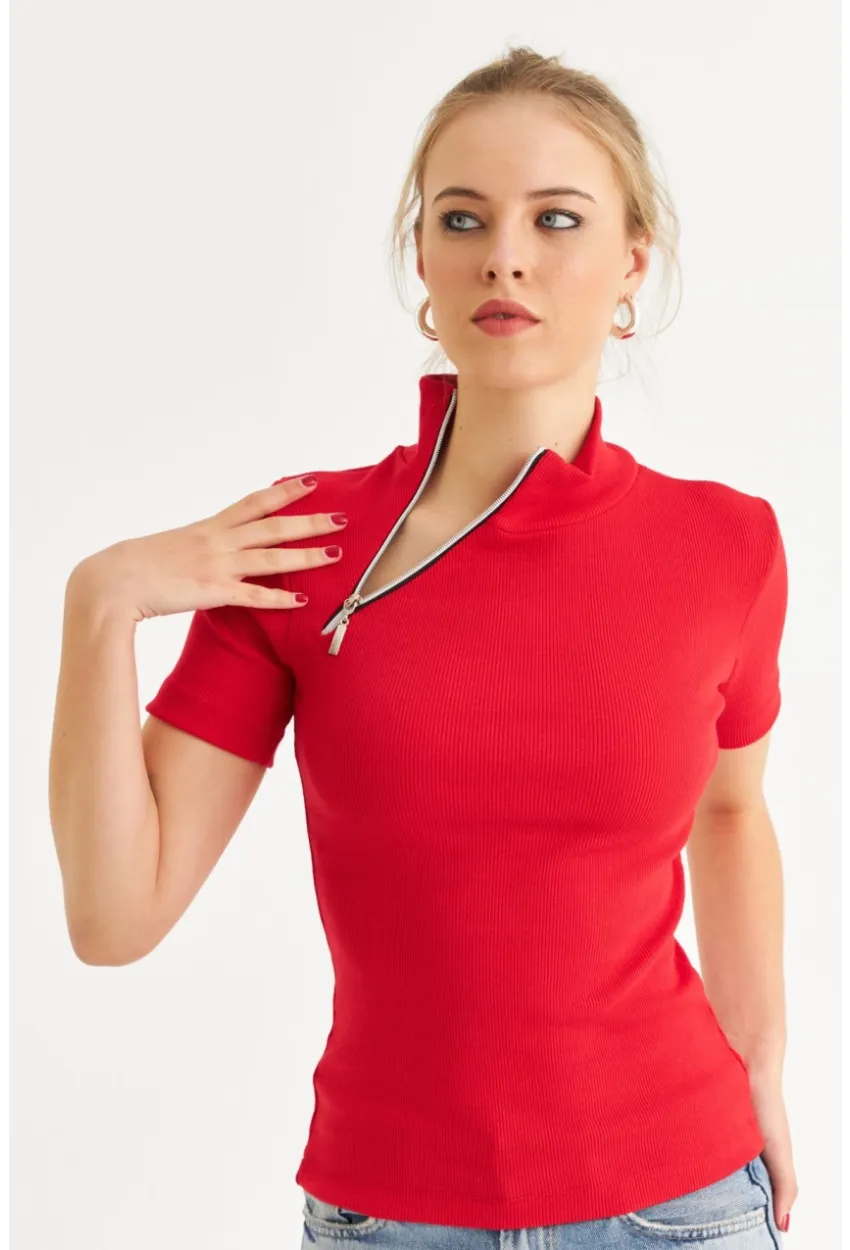 Kadın Kırmızı Çapraz Fermuarlı Kaşkorse Bluz EY3000