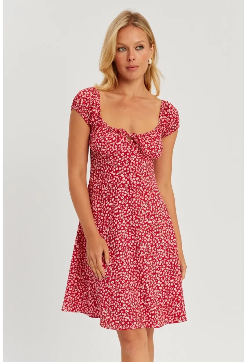Kadın Kırmızı Çiçekli Mini Elbise GÇ165
