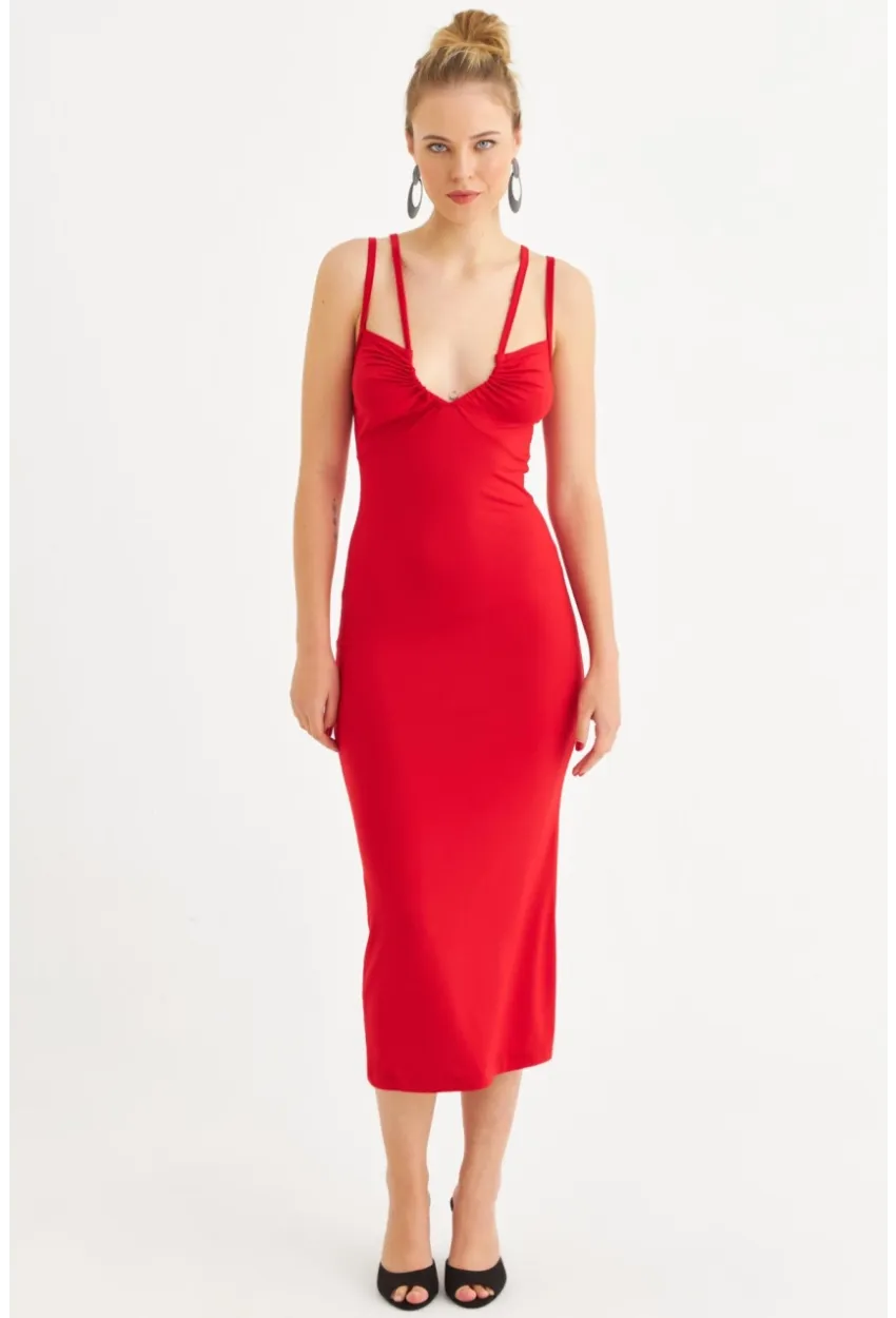 Kadın Kırmızı Çift Askılı V Yaka Midi Elbise EY3087