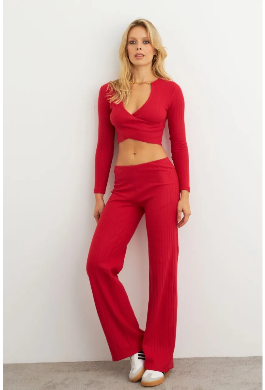 Kadın Kırmızı Crop Üstlü İkili Pantolon Takım XL10052